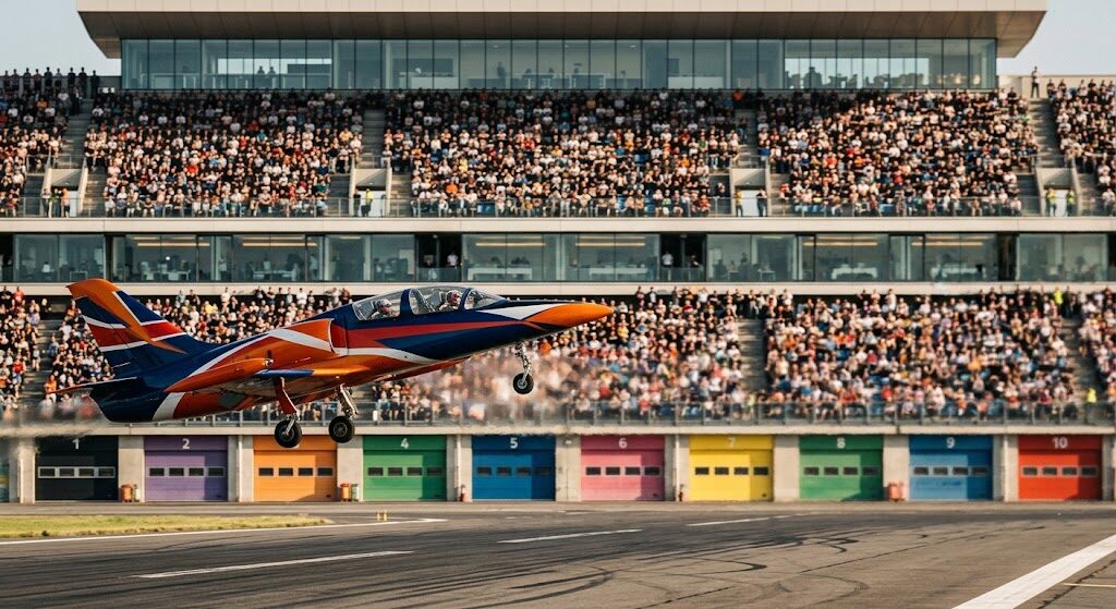 Concept: a jet on the display line in front of the grandstand